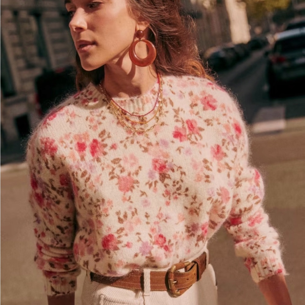 Sezane Daisie Jumper - Floral Mohair Sweater with Pink and Cream Design